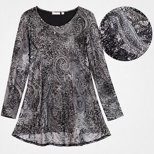 Susan Graver Tunic Top Women 1X Black Sparkle Paisley Boho Chic Whimsigoth Party